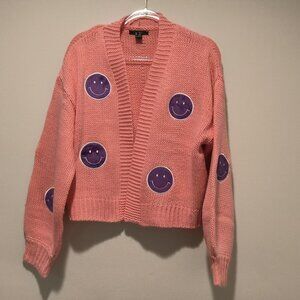 Forever 21  Pink Open Cardigan with Smiley Face Patches  Size XL
